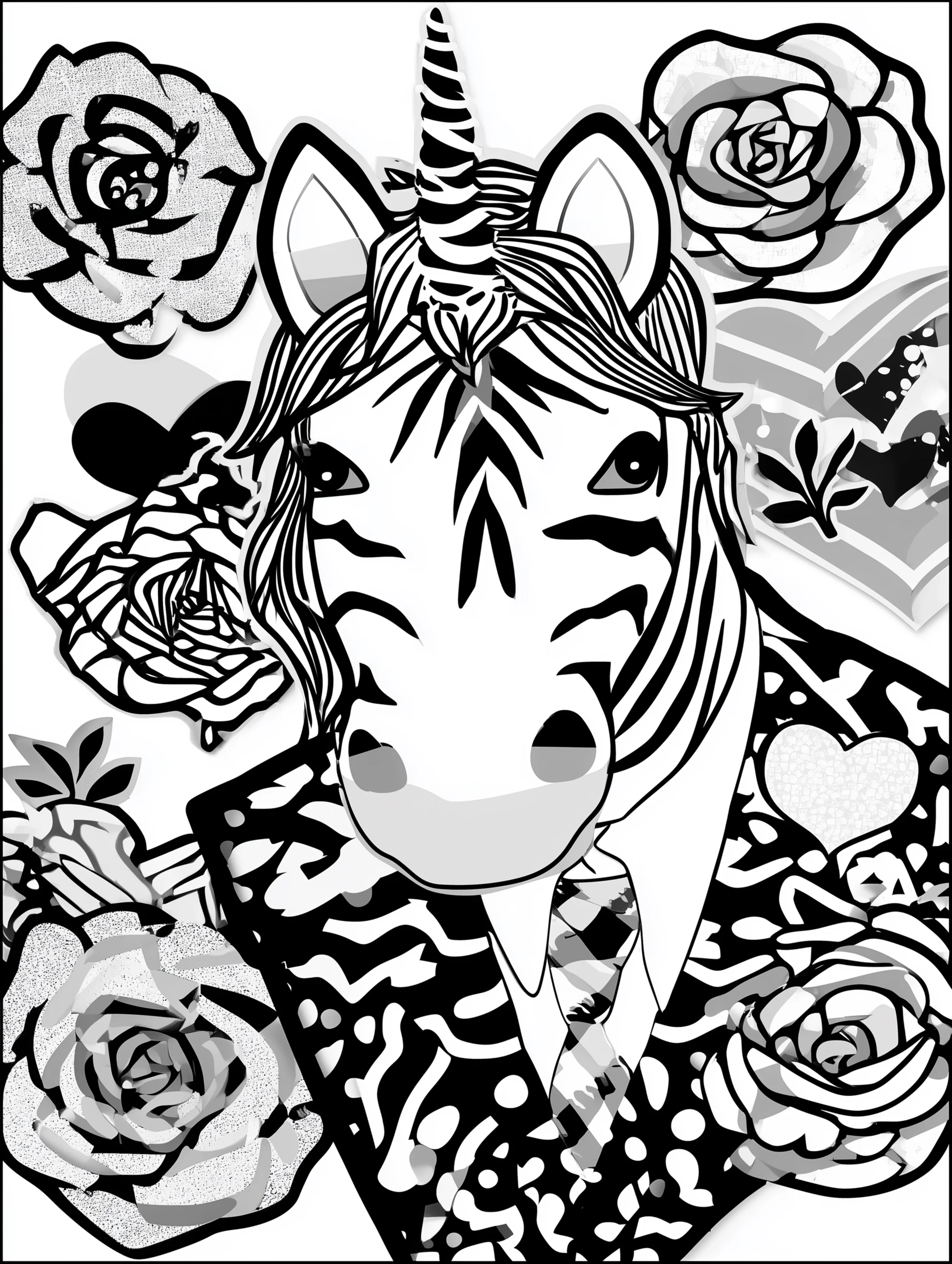 Free printable unicorn coloring page for adults featuring a decorative zebra suit design